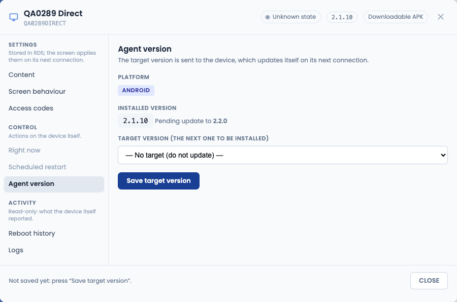 Panneau de l'appareil → Version de l'agent